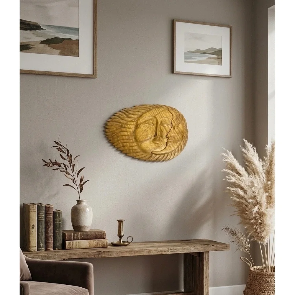Hand Carved Wood Sun and Moon Celestial Wall Art Plaque 13.5x8.5 Brown
